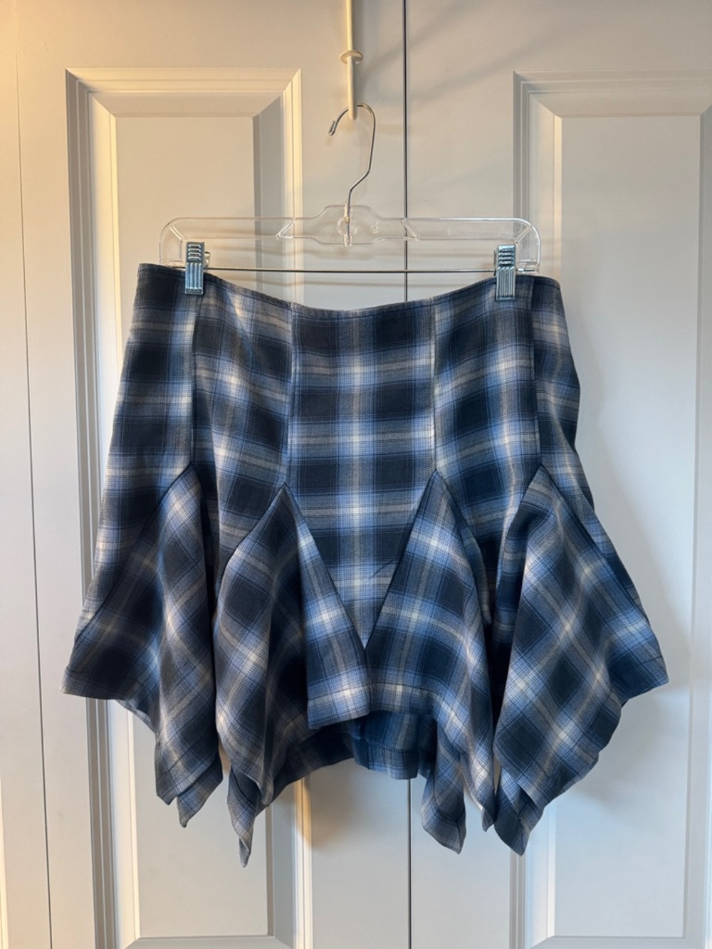 Free People Blue Plaid Flared Handkerchief Hem Skirt